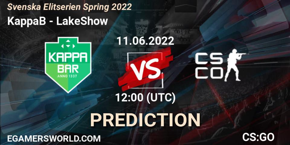 KappaB vs LakeShow: Betting TIp, Match Prediction. 11.06.2022 at 13:00. Counter-Strike (CS2), Svenska Elitserien Spring 2022