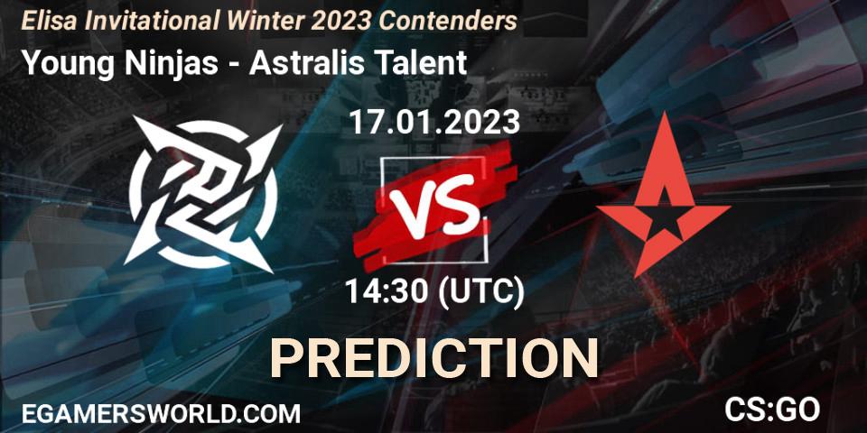 Young Ninjas vs Astralis Talent: Betting TIp, Match Prediction. 17.01.2023 at 14:30. Counter-Strike (CS2), Elisa Invitational Winter 2023 Contenders