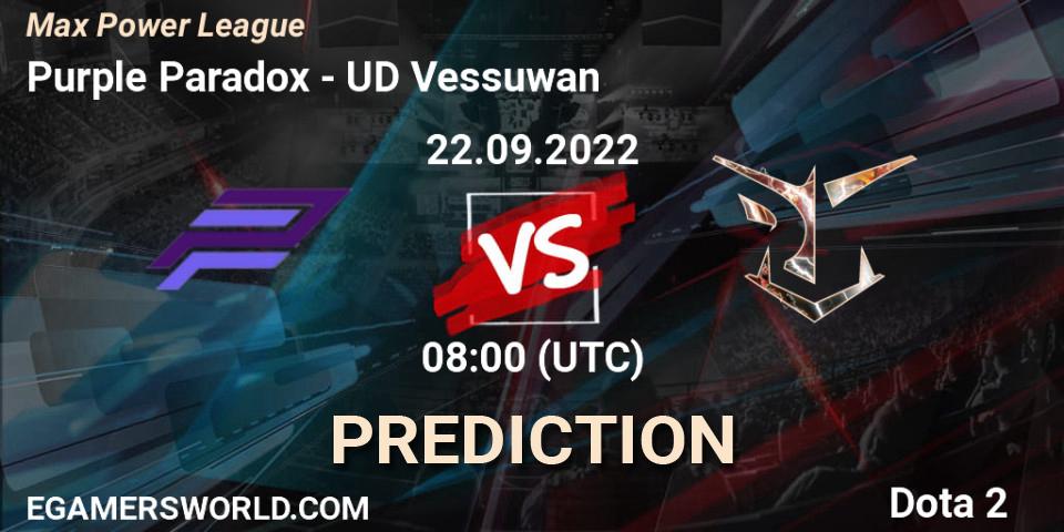 Purple Paradox vs UD Vessuwan: Betting TIp, Match Prediction. 22.09.2022 at 08:14. Dota 2, Max Power League