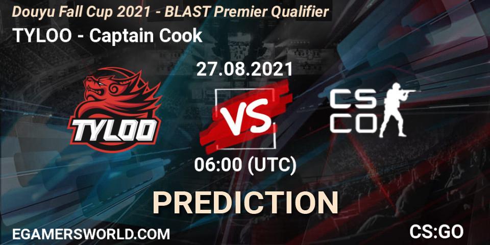 TYLOO vs Captain Cook: Betting TIp, Match Prediction. 27.08.2021 at 06:10. Counter-Strike (CS2), Douyu Fall Cup 2021 - BLAST Premier Qualifier