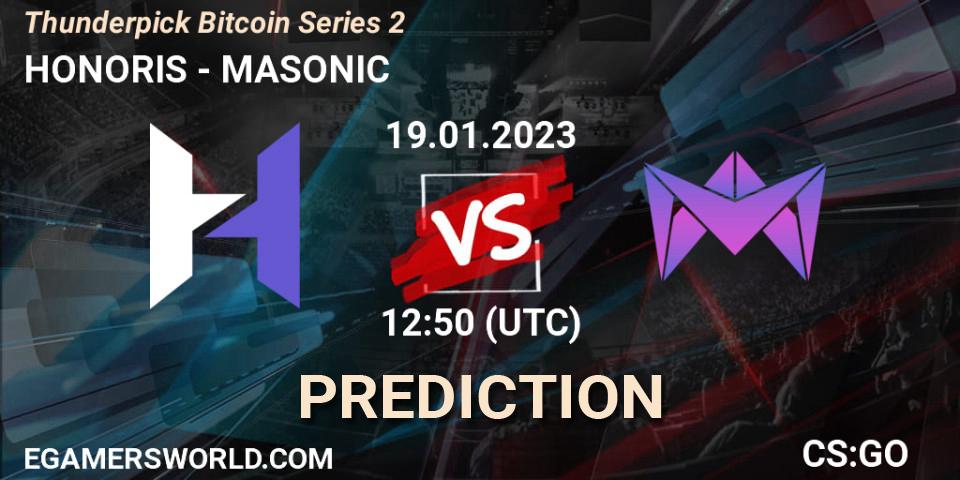 HONORIS vs MASONIC: Betting TIp, Match Prediction. 19.01.2023 at 13:30. Counter-Strike (CS2), Thunderpick Bitcoin Series 2