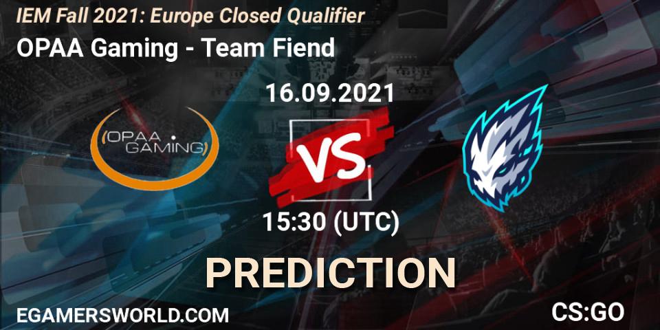 OPAA Gaming vs Team Fiend: Betting TIp, Match Prediction. 16.09.2021 at 15:30. Counter-Strike (CS2), IEM Fall 2021: Europe Closed Qualifier