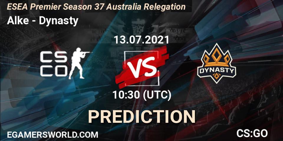 Alke vs Dynasty: Betting TIp, Match Prediction. 13.07.2021 at 11:00. Counter-Strike (CS2), ESEA Premier Season 37 Australia Relegation