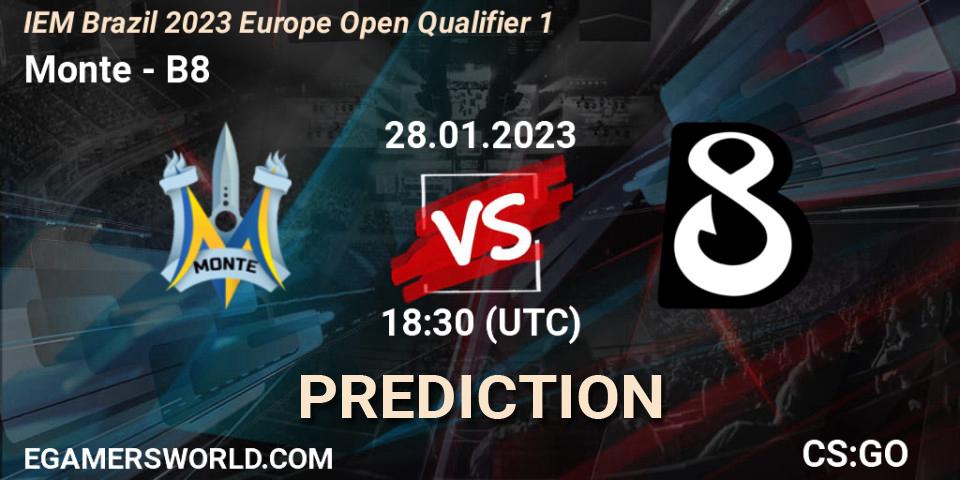 Monte vs B8: Betting TIp, Match Prediction. 28.01.2023 at 18:30. Counter-Strike (CS2), IEM Brazil Rio 2023 Europe Open Qualifier 1