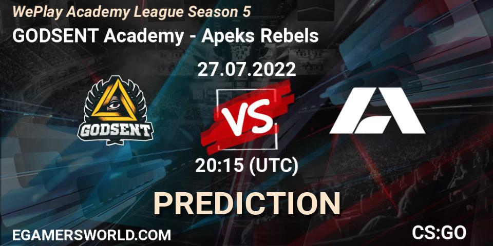 GODSENT Academy vs Apeks Rebels: Betting TIp, Match Prediction. 27.07.2022 at 20:15. Counter-Strike (CS2), WePlay Academy League Season 5
