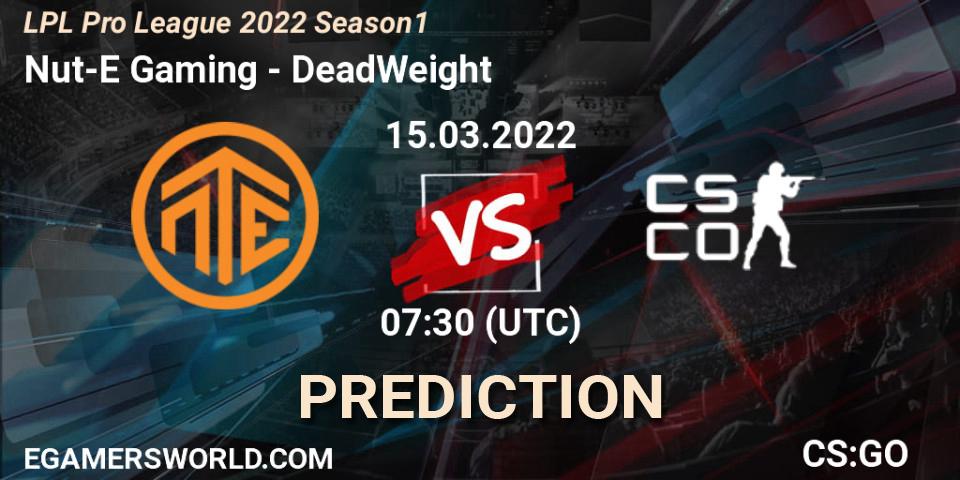 Nut-E Gaming vs DeadWeight: Betting TIp, Match Prediction. 15.03.2022 at 11:35. Counter-Strike (CS2), LPL Pro League 2022 Season 1