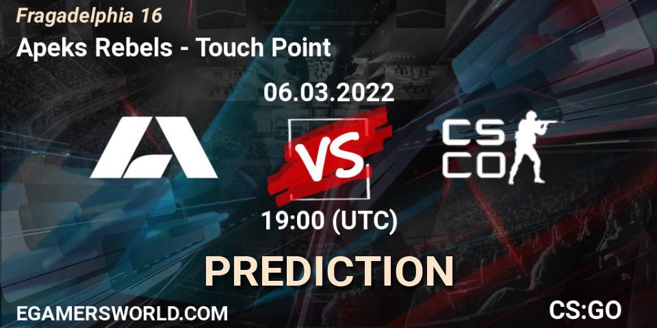 Apeks Rebels vs Touch Point: Betting TIp, Match Prediction. 06.03.2022 at 19:25. Counter-Strike (CS2), Fragadelphia 16