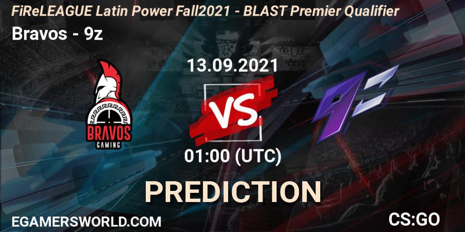 Bravos vs 9z: Betting TIp, Match Prediction. 13.09.2021 at 01:00. Counter-Strike (CS2), FiReLEAGUE Latin Power Fall 2021 - BLAST Premier Qualifier