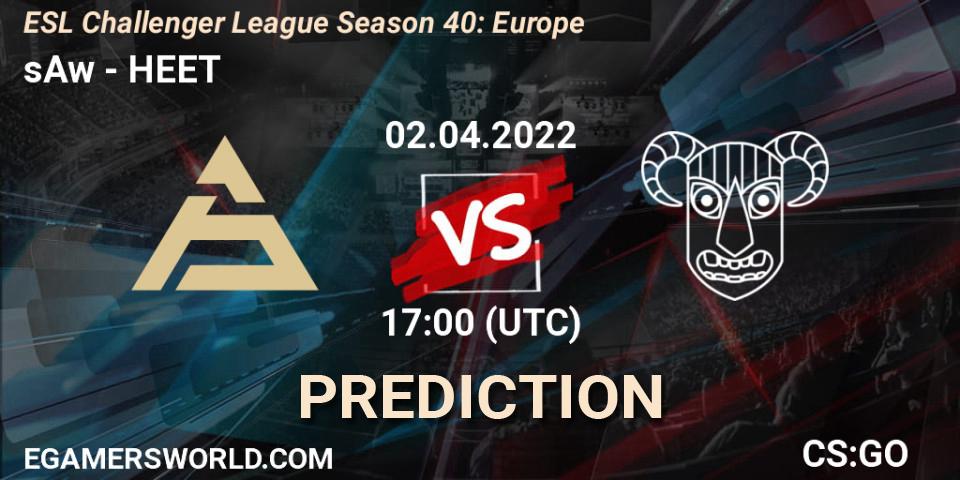 sAw vs HEET: Betting TIp, Match Prediction. 02.04.2022 at 17:00. Counter-Strike (CS2), ESL Challenger League Season 40: Europe
