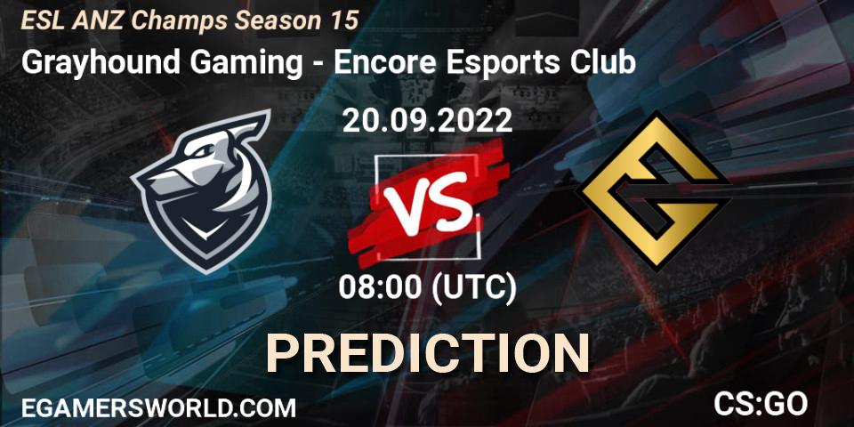 Grayhound Gaming vs Encore Esports Club: Betting TIp, Match Prediction. 20.09.2022 at 08:00. Counter-Strike (CS2), ESL ANZ Champs Season 15