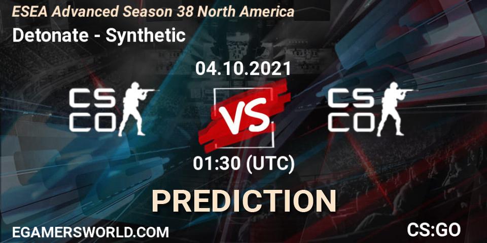Detonate vs Synthetic: Betting TIp, Match Prediction. 05.10.2021 at 01:00. Counter-Strike (CS2), ESEA Advanced Season 38 North America