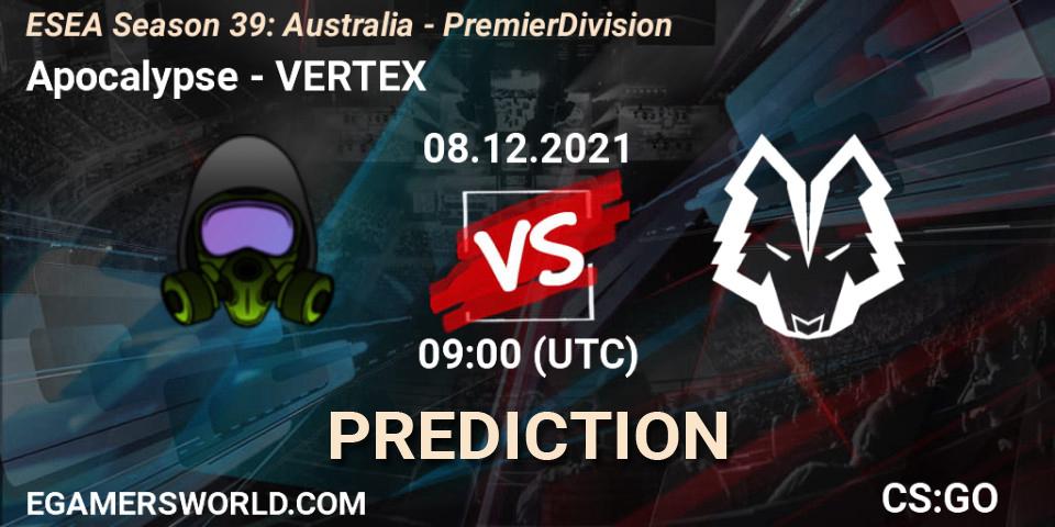 Apocalypse vs VERTEX: Betting TIp, Match Prediction. 08.12.2021 at 09:00. Counter-Strike (CS2), ESEA Season 39: Australia - Premier Division