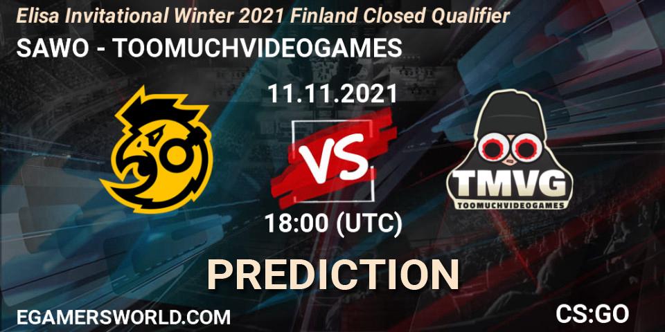 SAWO vs TOOMUCHVIDEOGAMES: Betting TIp, Match Prediction. 11.11.2021 at 18:00. Counter-Strike (CS2), Elisa Invitational Winter 2021 Finland Closed Qualifier