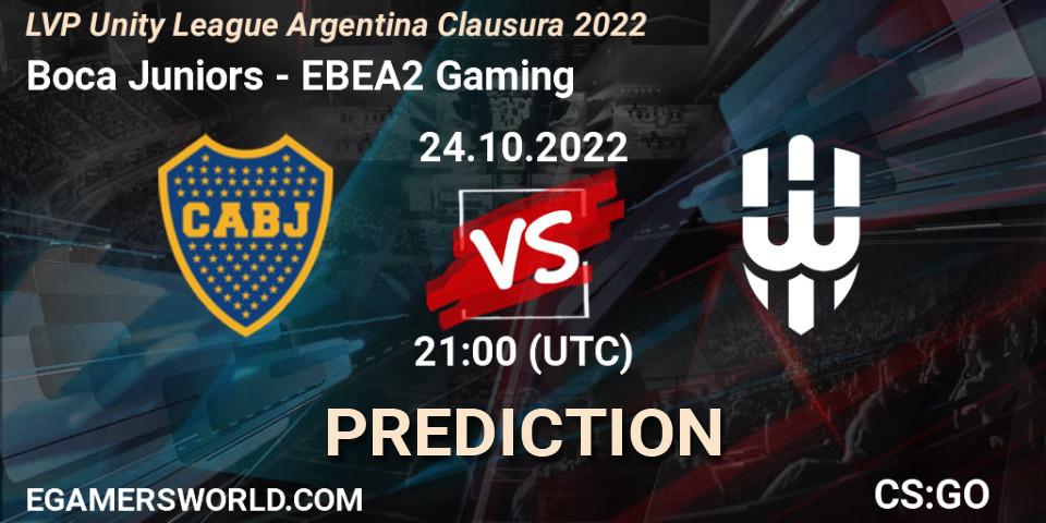 Boca Juniors vs EBEA2 Gaming: Betting TIp, Match Prediction. 24.10.2022 at 21:00. Counter-Strike (CS2), LVP Unity League Argentina Clausura 2022