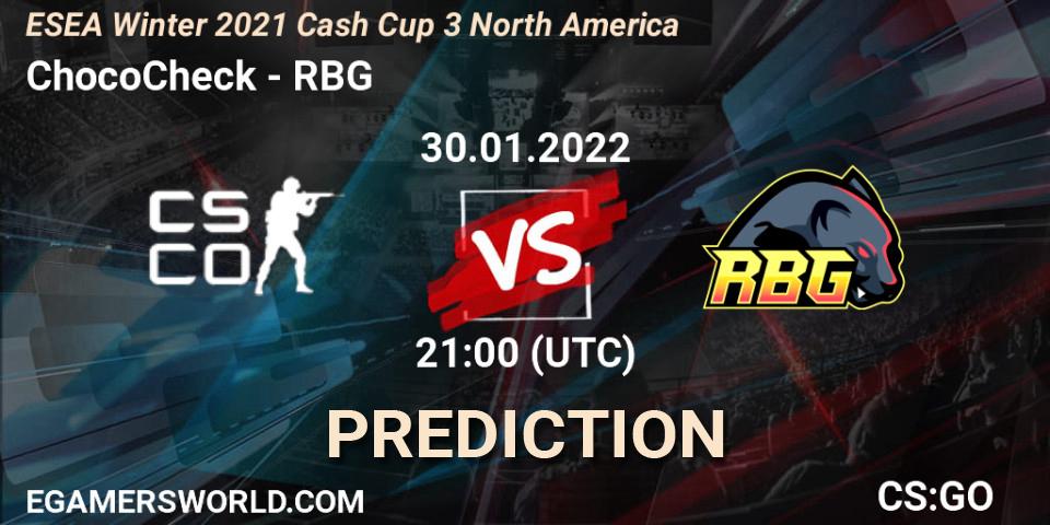 ChocoCheck vs RBG: Betting TIp, Match Prediction. 30.01.2022 at 21:00. Counter-Strike (CS2), ESEA Cash Cup: North America - Winter 2022 #3