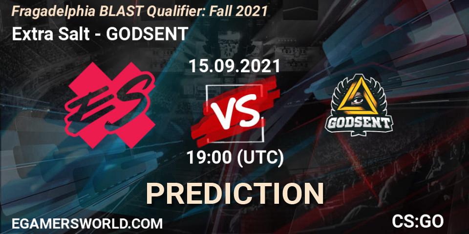 Extra Salt vs GODSENT: Betting TIp, Match Prediction. 15.09.2021 at 20:10. Counter-Strike (CS2), Fragadelphia BLAST Qualifier: Fall 2021
