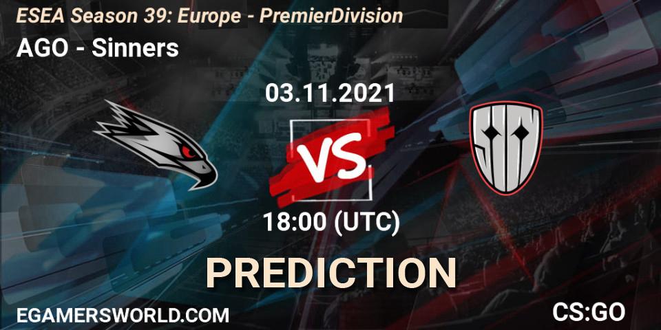 AGO vs Sinners: Betting TIp, Match Prediction. 03.11.2021 at 18:00. Counter-Strike (CS2), ESEA Season 39: Europe - Premier Division