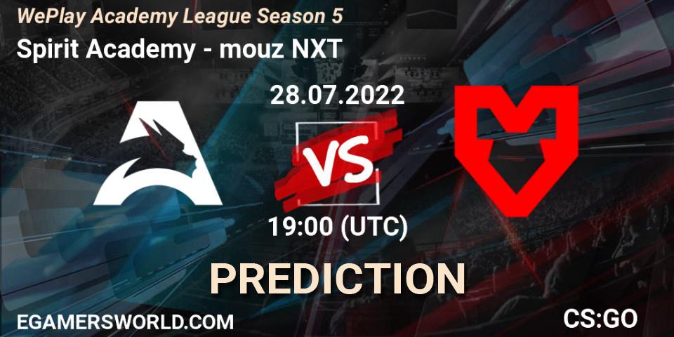 Spirit Academy vs mouz NXT: Betting TIp, Match Prediction. 27.07.2022 at 14:00. Counter-Strike (CS2), WePlay Academy League Season 5