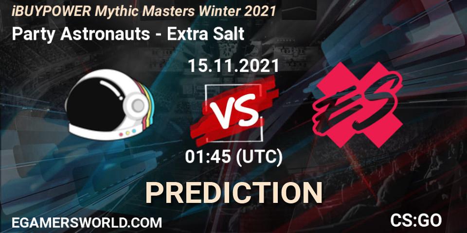 Party Astronauts vs Extra Salt: Betting TIp, Match Prediction. 15.11.2021 at 01:45. Counter-Strike (CS2), iBUYPOWER Mythic Masters Winter 2021