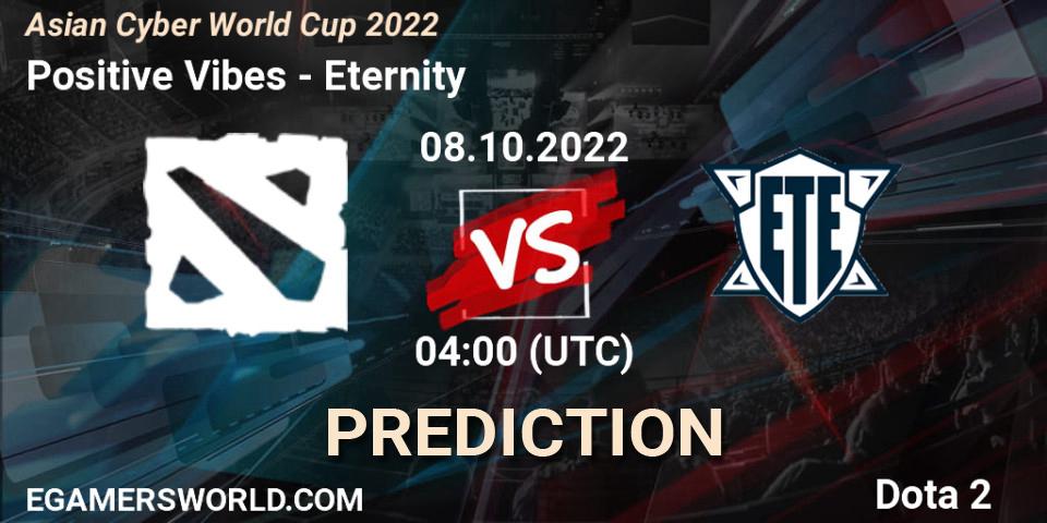 Positive Vibes vs Eternity: Betting TIp, Match Prediction. 13.10.2022 at 04:00. Dota 2, Asian Cyber World Cup 2022