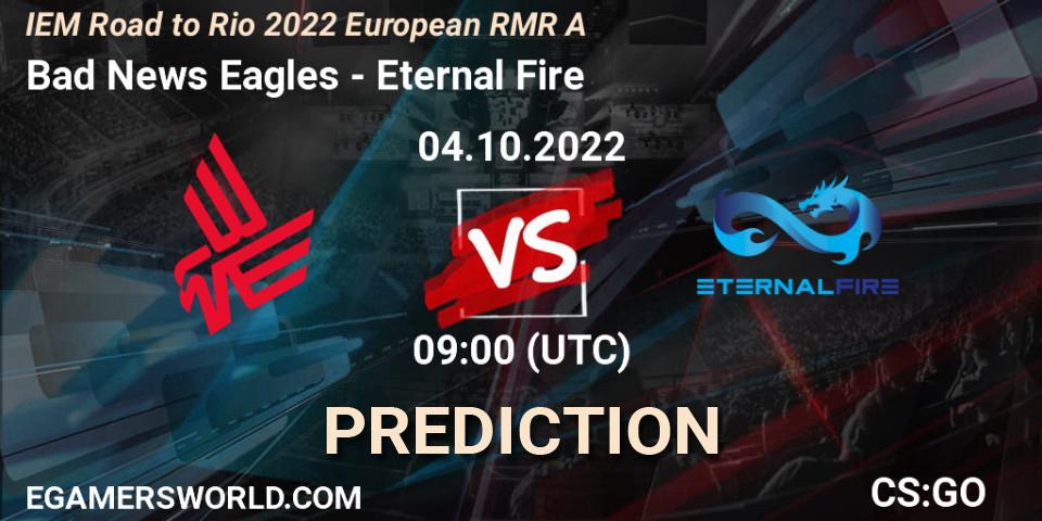 Bad News Eagles vs Eternal Fire: Betting TIp, Match Prediction. 04.10.2022 at 09:00. Counter-Strike (CS2), IEM Road to Rio 2022 European RMR A