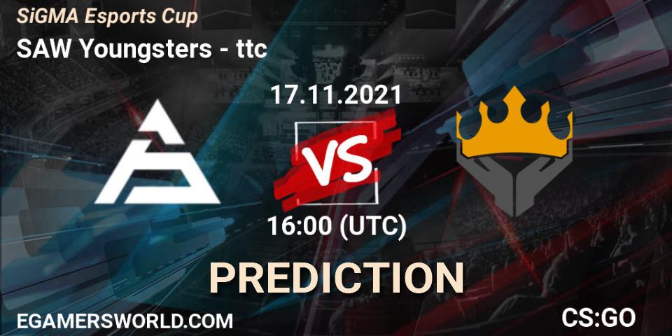 SAW Youngsters vs ttc: Betting TIp, Match Prediction. 17.11.2021 at 16:00. Counter-Strike (CS2), SiGMA Esports Cup
