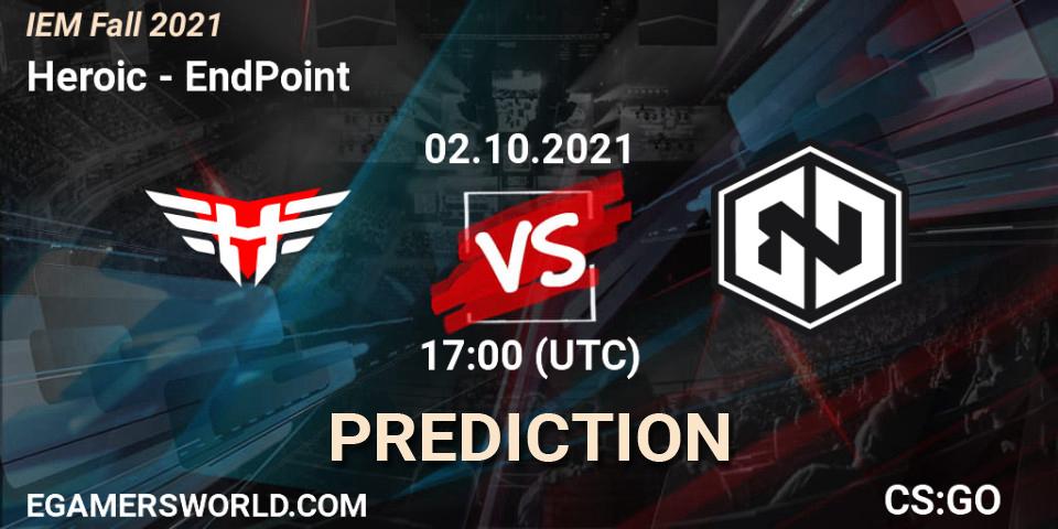 Heroic vs EndPoint: Betting TIp, Match Prediction. 02.10.2021 at 17:00. Counter-Strike (CS2), IEM Fall 2021: Europe RMR