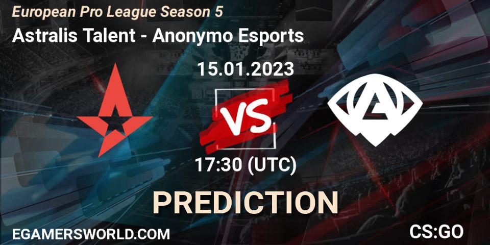 Astralis Talent vs Anonymo Esports: Betting TIp, Match Prediction. 15.01.2023 at 18:40. Counter-Strike (CS2), European Pro League Season 5