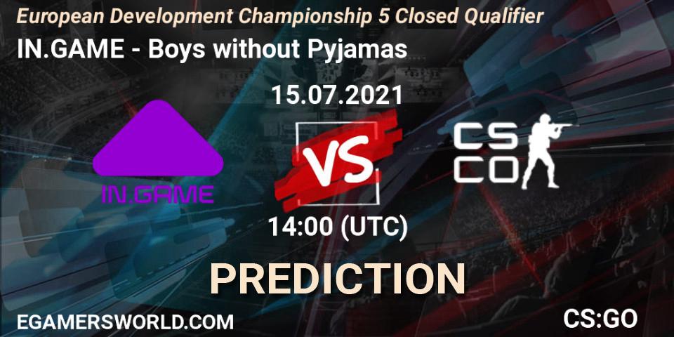 IN.GAME vs Boys without Pyjamas: Betting TIp, Match Prediction. 15.07.2021 at 14:00. Counter-Strike (CS2), European Development Championship 5 Closed Qualifier