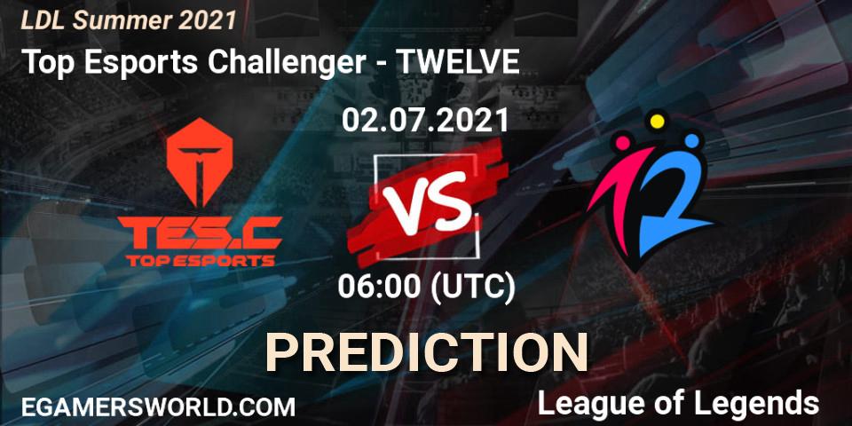 Top Esports Challenger vs TWELVE: Betting TIp, Match Prediction. 02.07.2021 at 06:00. LoL, LDL Summer 2021