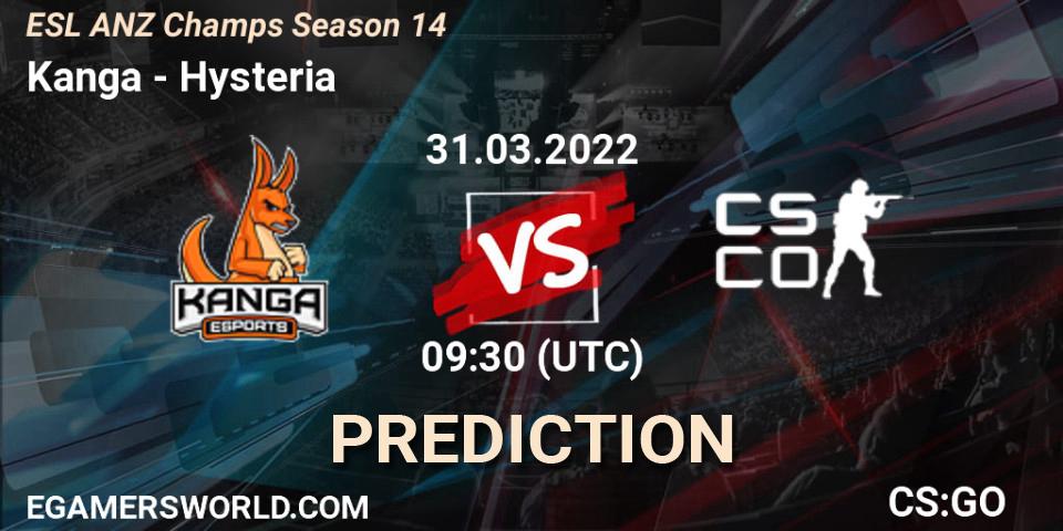 Kanga vs Hysteria: Betting TIp, Match Prediction. 31.03.2022 at 09:30. Counter-Strike (CS2), ESL ANZ Champs Season 14