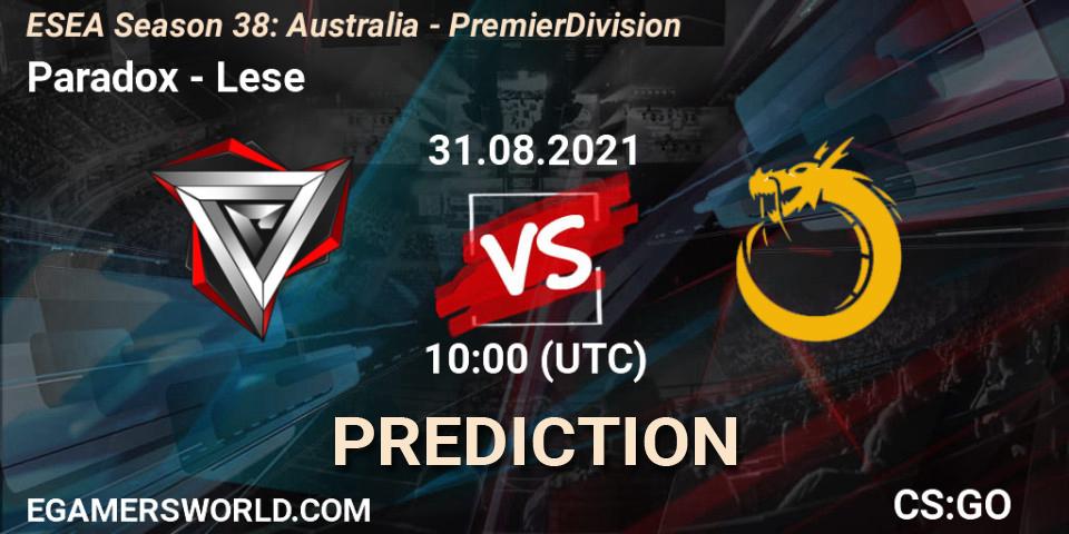 Paradox vs Lese: Betting TIp, Match Prediction. 31.08.2021 at 10:00. Counter-Strike (CS2), ESEA Season 38: Australia - Premier Division