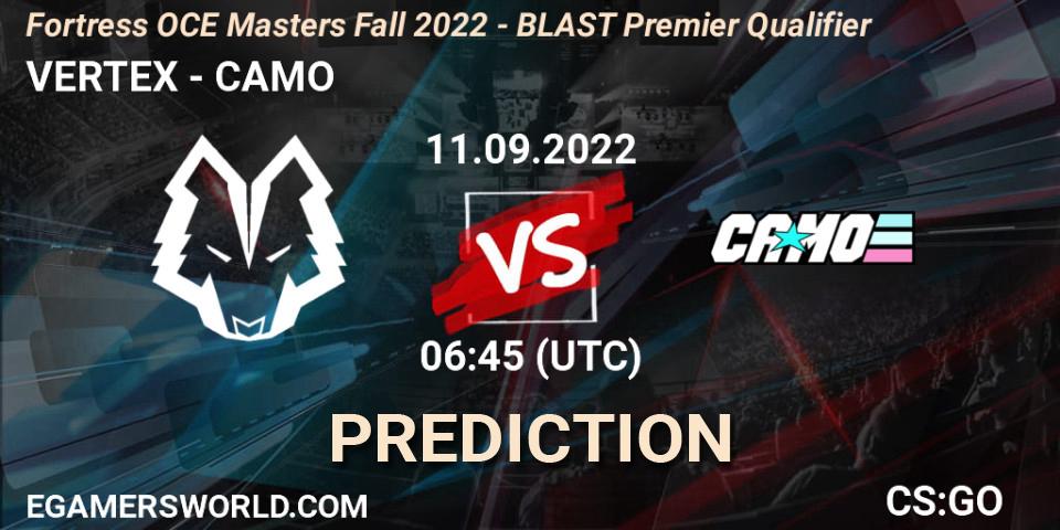 VERTEX vs CAMO: Betting TIp, Match Prediction. 11.09.2022 at 07:20. Counter-Strike (CS2), Fortress OCE Masters Fall 2022 - BLAST Premier Qualifier