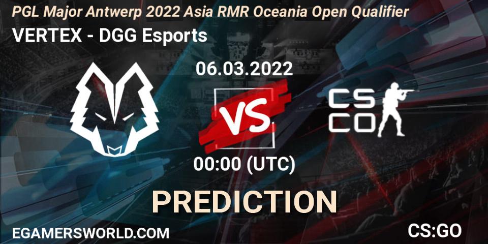 VERTEX vs DGG Esports: Betting TIp, Match Prediction. 06.03.2022 at 00:05. Counter-Strike (CS2), PGL Major Antwerp 2022 Asia RMR Oceania Open Qualifier