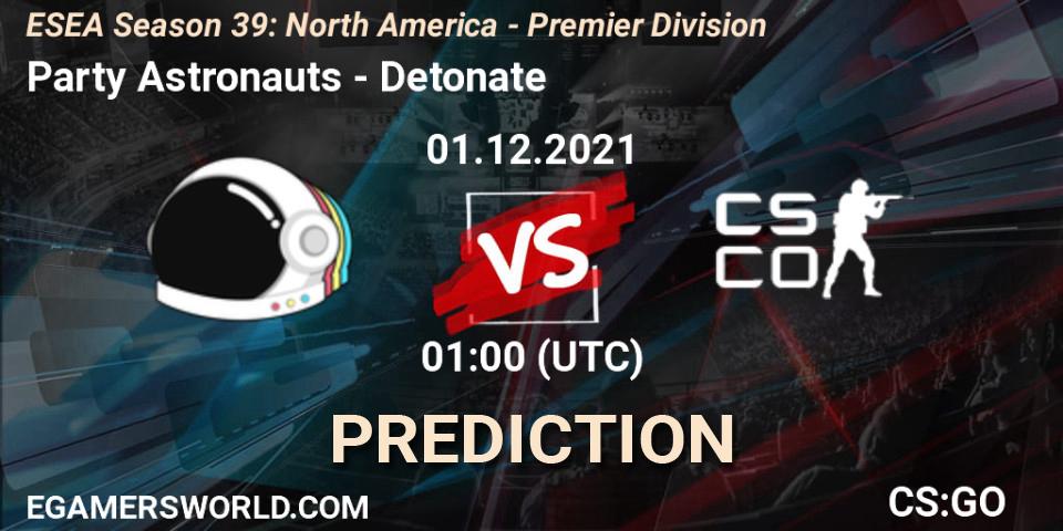 Party Astronauts vs Detonate: Betting TIp, Match Prediction. 07.12.2021 at 02:00. Counter-Strike (CS2), ESEA Season 39: North America - Premier Division