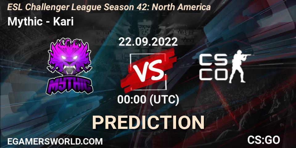 Mythic vs kariESPORTS: Betting TIp, Match Prediction. 22.09.2022 at 00:00. Counter-Strike (CS2), ESL Challenger League Season 42: North America