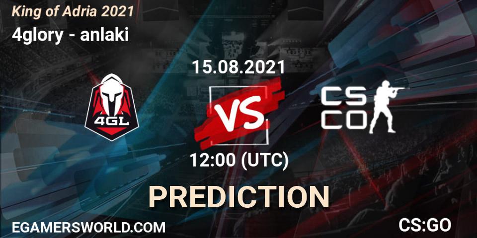 4glory vs anlaki: Betting TIp, Match Prediction. 15.08.2021 at 12:00. Counter-Strike (CS2), King of Adria 2021