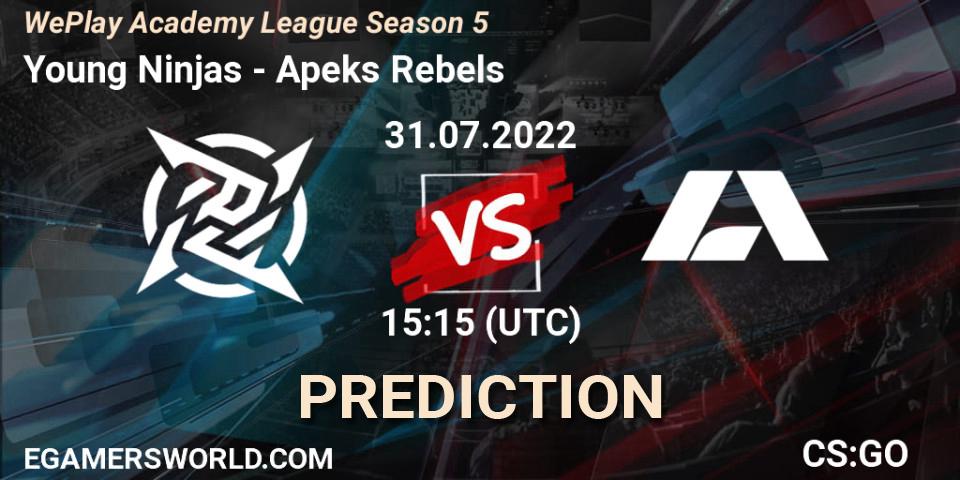 Young Ninjas vs Apeks Rebels: Betting TIp, Match Prediction. 31.07.2022 at 15:15. Counter-Strike (CS2), WePlay Academy League Season 5
