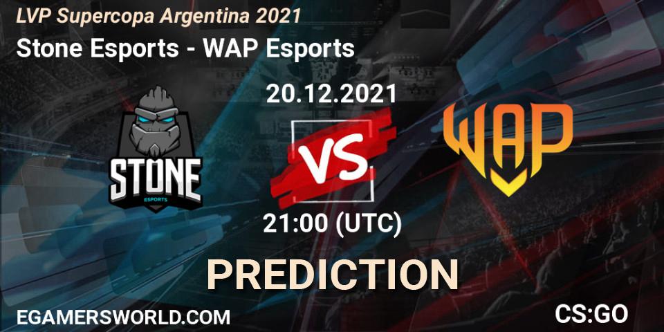 Stone Esports vs WAP Esports: Betting TIp, Match Prediction. 20.12.2021 at 21:00. Counter-Strike (CS2), LVP Supercopa Argentina 2021