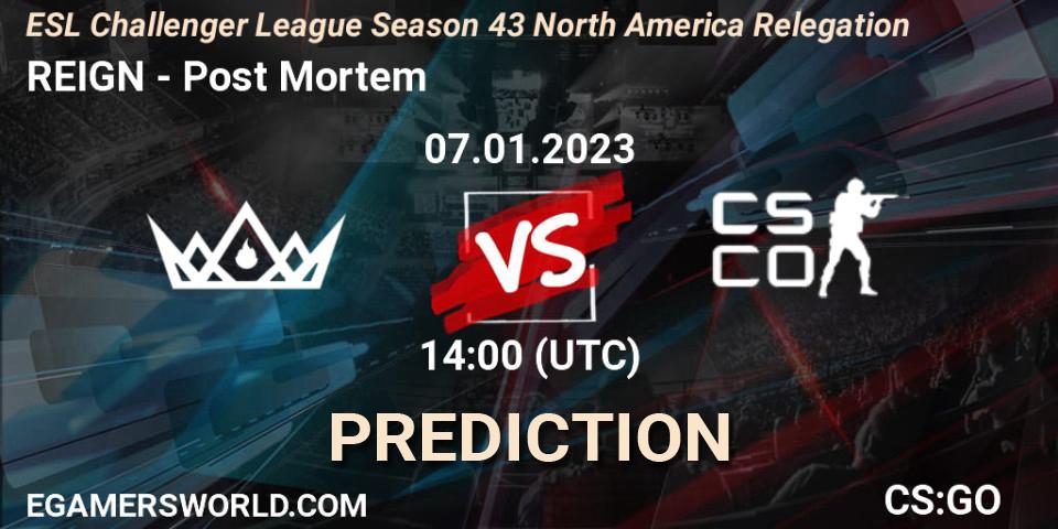 REIGN vs Post Mortem: Betting TIp, Match Prediction. 08.01.2023 at 02:00. Counter-Strike (CS2), ESL Challenger League Season 43 North America Relegation