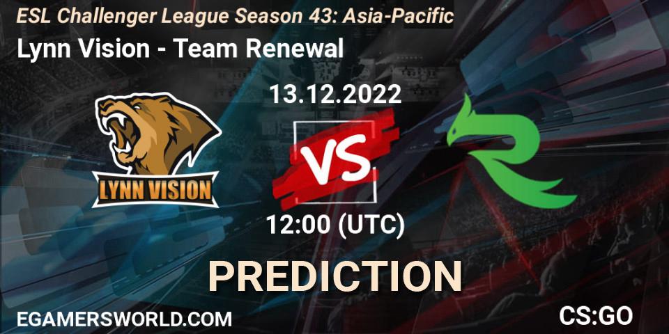 Lynn Vision vs Team Renewal: Betting TIp, Match Prediction. 13.12.2022 at 12:15. Counter-Strike (CS2), ESL Challenger League Season 43: Asia-Pacific