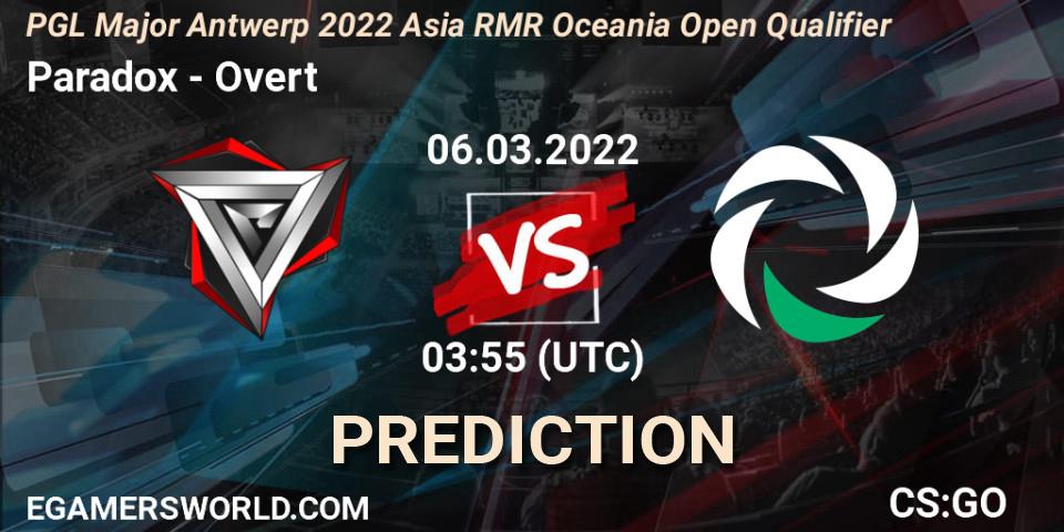 Paradox vs Overt: Betting TIp, Match Prediction. 06.03.2022 at 03:55. Counter-Strike (CS2), PGL Major Antwerp 2022 Asia RMR Oceania Open Qualifier