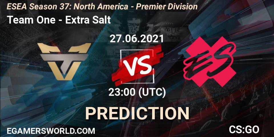 Team One vs Extra Salt: Betting TIp, Match Prediction. 27.06.2021 at 23:00. Counter-Strike (CS2), ESEA Season 37: North America - Premier Division