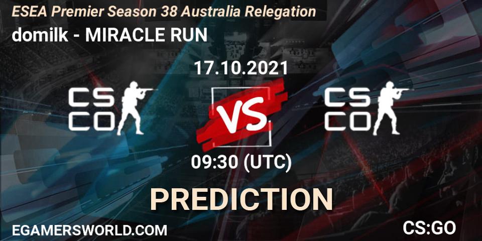 domilk vs MIRACLE RUN: Betting TIp, Match Prediction. 17.10.2021 at 09:30. Counter-Strike (CS2), ESEA Premier Season 38 Australia Relegation