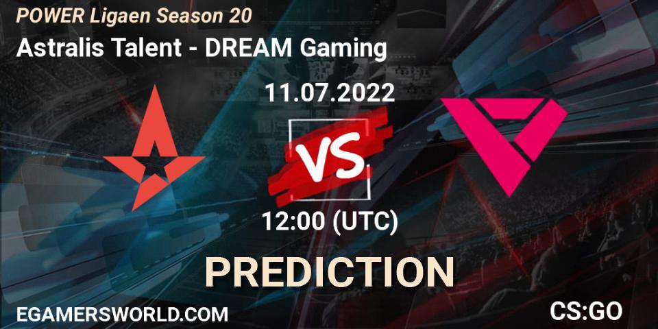 Astralis Talent vs DREAM Gaming: Betting TIp, Match Prediction. 11.07.2022 at 11:15. Counter-Strike (CS2), Dust2.dk Ligaen Season 20