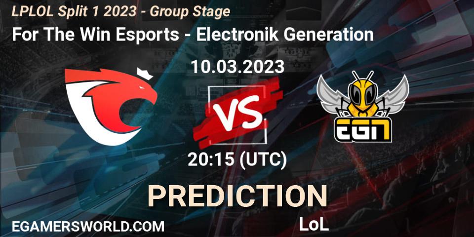 For The Win Esports vs Electronik Generation: Betting TIp, Match Prediction. 10.03.2023 at 20:15. LoL, LPLOL Split 1 2023 - Group Stage