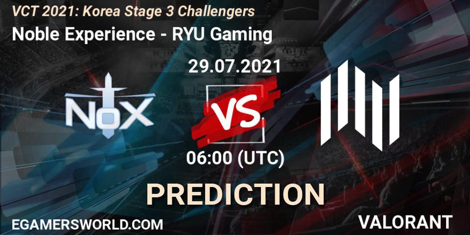 Noble Experience vs RYU Gaming: Betting TIp, Match Prediction. 29.07.2021 at 06:00. VALORANT, VCT 2021: Korea Stage 3 Challengers