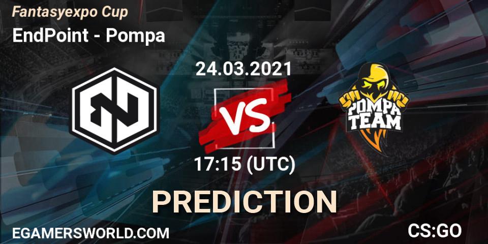 EndPoint vs Pompa: Betting TIp, Match Prediction. 24.03.2021 at 17:25. Counter-Strike (CS2), Fantasyexpo Cup Spring 2021