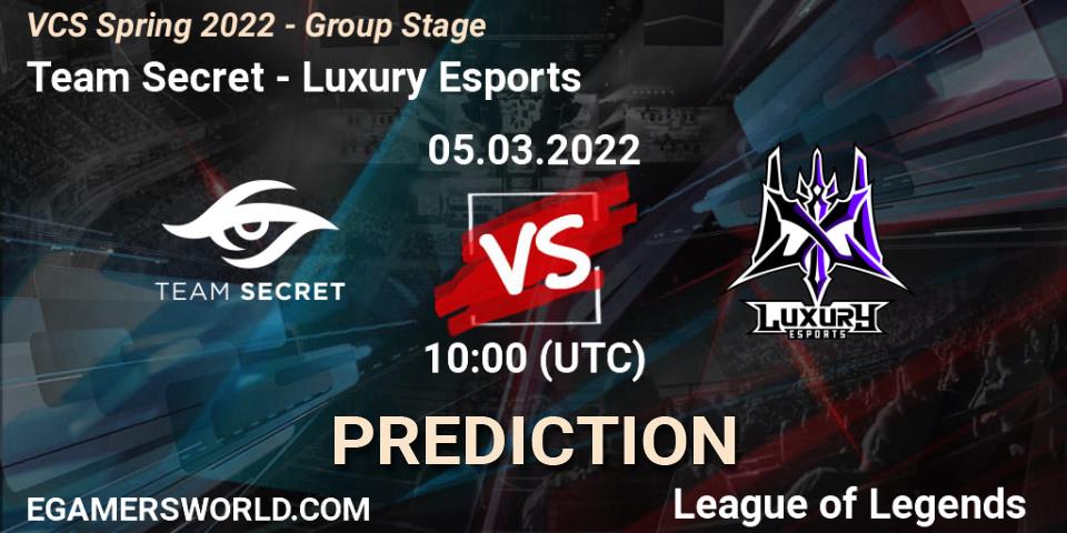 Team Secret vs Luxury Esports: Betting TIp, Match Prediction. 05.03.2022 at 10:00. LoL, VCS Spring 2022 - Group Stage 