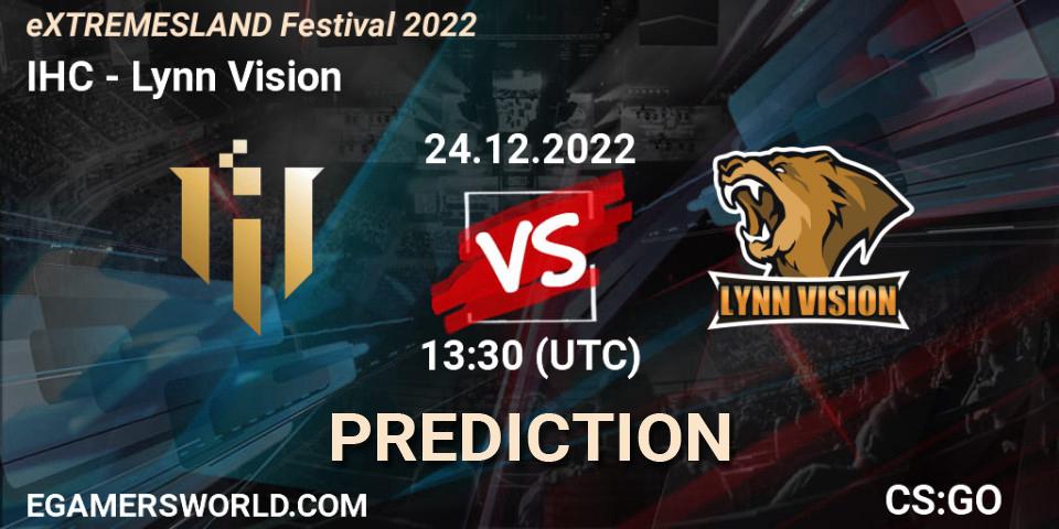 IHC vs Lynn Vision: Betting TIp, Match Prediction. 24.12.2022 at 12:05. Counter-Strike (CS2), eXTREMESLAND Festival 2022